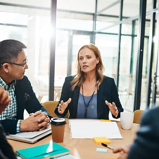 Conflict Resolution and Mediation Facilitator mediates a leadership & team effectiveness discussion—calm conflict-resolution session supporting leadership development