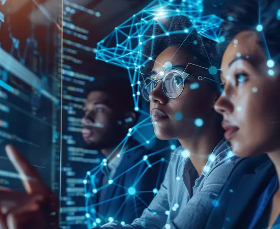 Our Technology Expertise Professionals focused on a screen with an abstract data-network overlay and code in the background, representing AI integration expertise