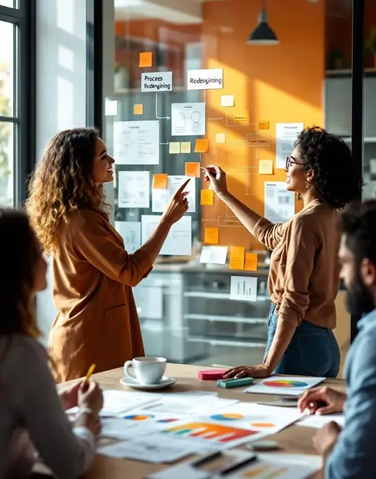Process Redesign Workshop — Evidence-Based Organizational Consulting Two consultants collaborating on a glass wall covered with sticky notes and flowcharts labeled “Process” and “Redesigning,” representing evidence-based organizational consulting and business process optimization.