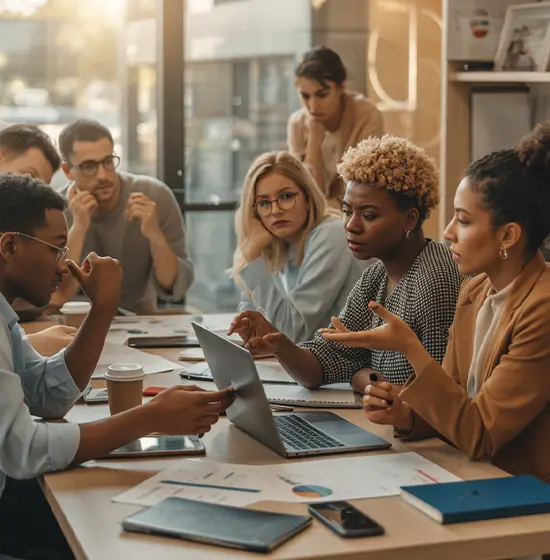 Collaborative Team Discussion — Evidence-Based Organizational Consulting Diverse team of professionals in a thoughtful office discussion, reviewing data and collaborating to solve process inefficiencies — representing business process consulting and organizational effectiveness.