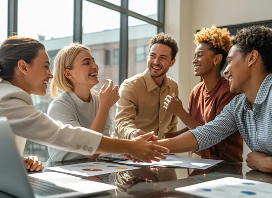 Team Success and Collaboration — Business Process Optimization Results Diverse business team smiling and celebrating a successful project milestone in a bright office, symbolizing positive outcomes from business process optimization and organizational effectiveness consulting.