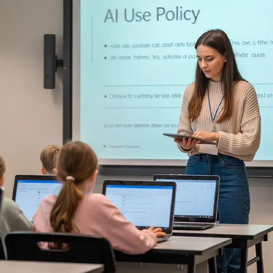 Who Needs Technology Integration Support Teacher reviewing an AI use policy while students work on laptops in class
