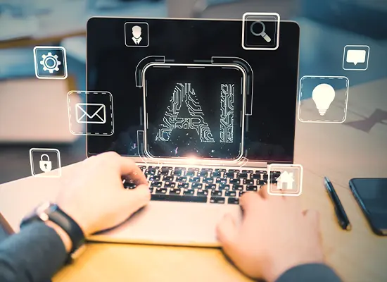 Understanding Which AI Tools Actually Help Hands working on a laptop with AI interface icons, evaluating potential tools