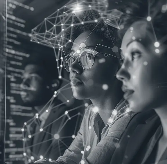 Team of professionals analyzing data with a digital network overlay, representing AI integration consulting technology expertise