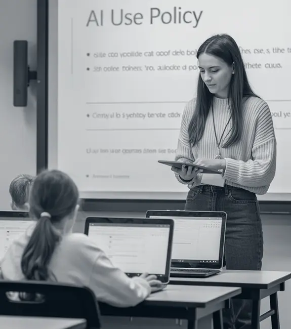 Instructor leading an AI use policy training with students on laptops, illustrating technology integration support for organizations
