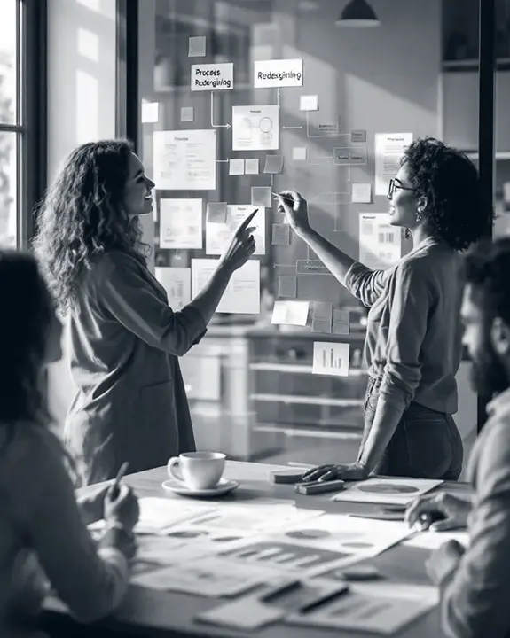 Team collaborating in a process redesign consulting workshop with sticky notes on a glass board