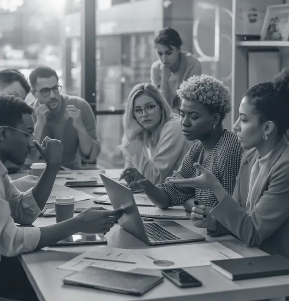 Diverse team in a meeting discussing how to improve organizational systems and effectiveness