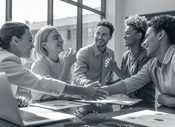Smiling team celebrating successful organizational effectiveness consulting results around a conference table