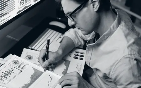 Consultant reviewing research data and charts for organizational analysis as part of T10 Group’s Strategic Research & Organizational Assessment Consulting.